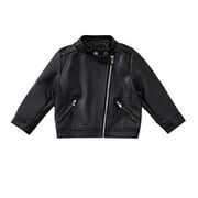 FAOWME Girls Fashion PU Leather Motorcycle Jacket Children Outerwear Slim Coat 2 13 Years Black 2-3 Years